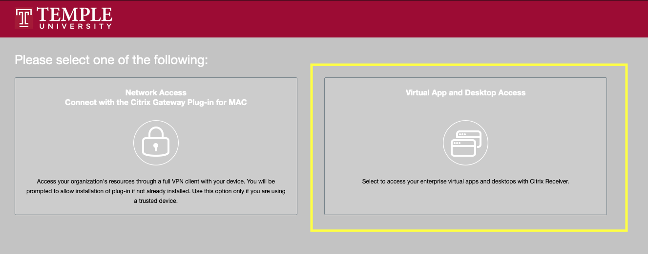 Virtual App and Desktop Access (TUapps) option on the remote.temple.edu website