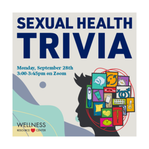 Person with illustrations of sexual items over their head including a condom, IUD, pregnancy test, speech bubbles, birth control pills, etc. Text "Sexual Health Trivia Monday, September 28th 3:00-3:45pm on Zoom." Wellness Resource Center logo.