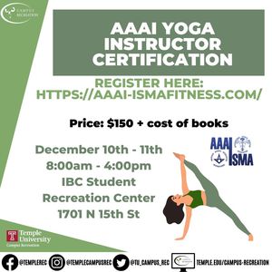 AAAI Yoga Instructor certification on December 10-11, 2022, at the IBC Student Rec Center from 8:00am-4:00pm. 
