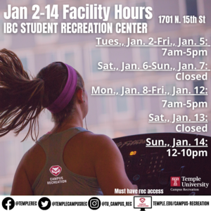 Photo of facility hours with runner running on treadmill in photo.