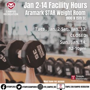 Photo with facility hours with dumbbell in photo.