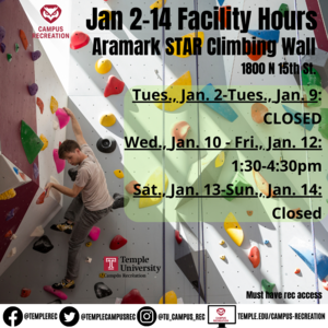 Photo with facility hours with a climber climbing a climbing wall in the photo.