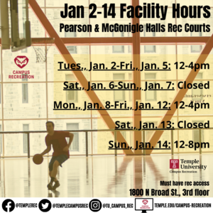 Facility schedule including a photo of a person playing basketball.