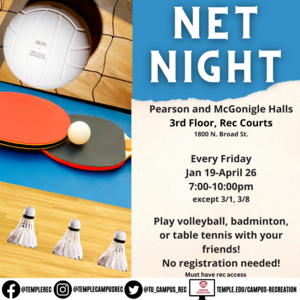 Photo with a volleyball, ping pong racquets/ball, and badminton birdies.