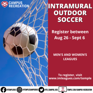 Intramural registration with photo of soccer ball going in net