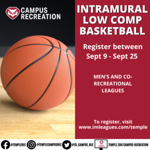 Intramural registration with photo of basketball on court