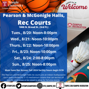 Facility schedule with photos of basketballs, volleyballs, badminton equipment, and table tennis equipment