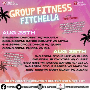 Group Fitness ad with background photo of palm trees