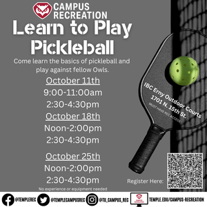Learn to play pickleball ad with dates/times and a photo of a pickleball racquet/ball.