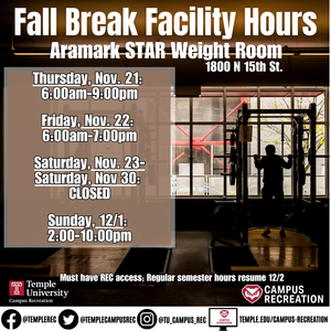 Facility schedule with photo of weight room in background.