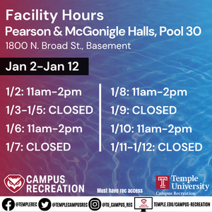 Facility schedule with photo of water in background.