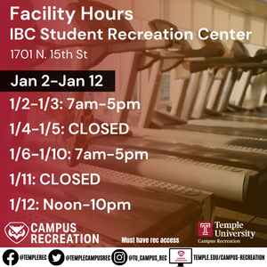 Facility schedule with photo of treadmills in background.