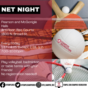 Net Night schedule with photos of volleyball, table tennis, badminton in background.