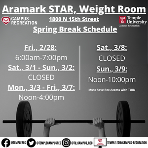 Facility hours with person lifting barbell in background.