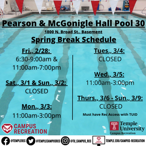 Facility hours with pool in background.