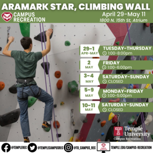 Facility schedule with person climbing wall in background.