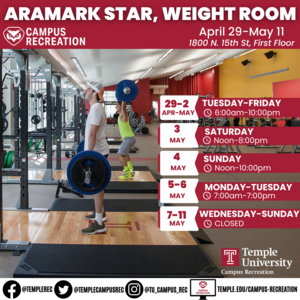 Facility schedule with people lifting weights in background.