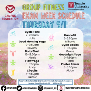 Group fitness schedule with photo of flowers and the sky.