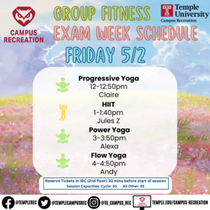 Group fitness schedule with photo of flowers and the sky.