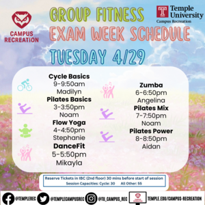 Group Fitness Schedule with photo of flowers and sky in background.