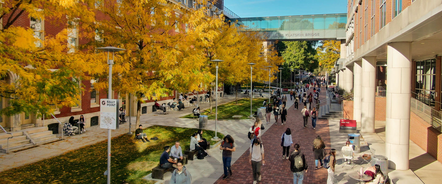 a busy, sunny day on Main Campus. 