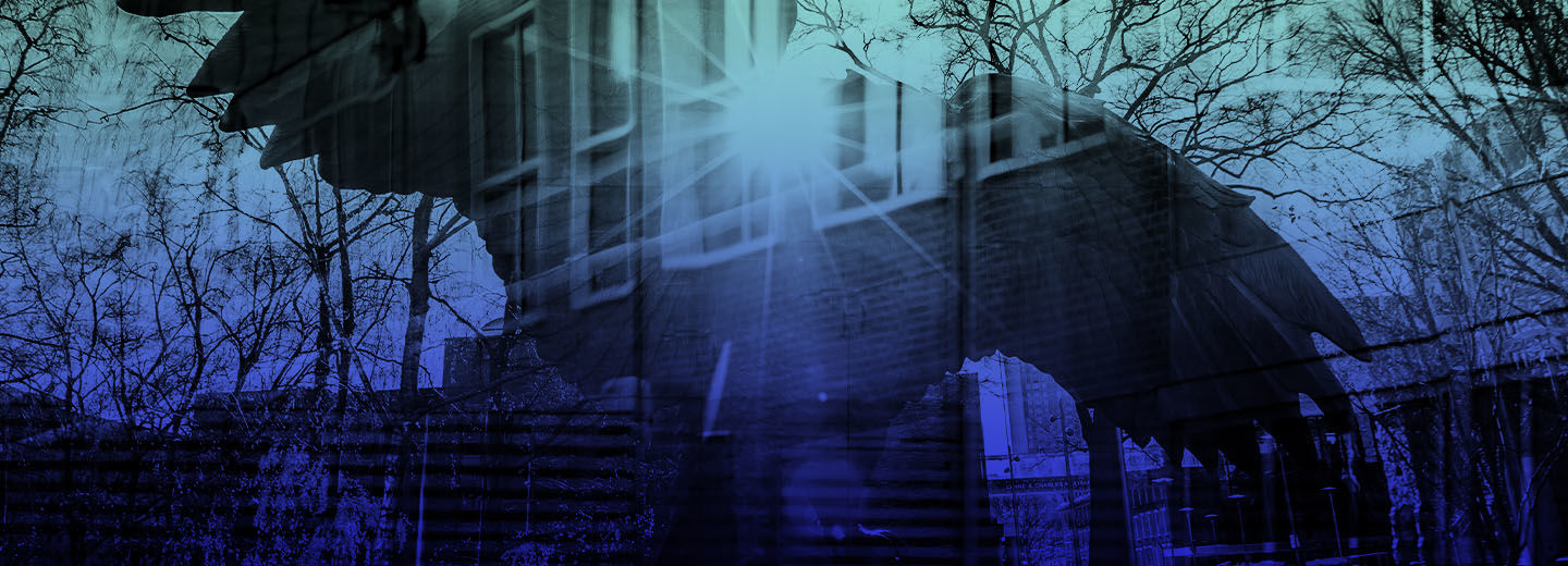 An abstract blue and white image of an owl's wings spread with light coming from the center.