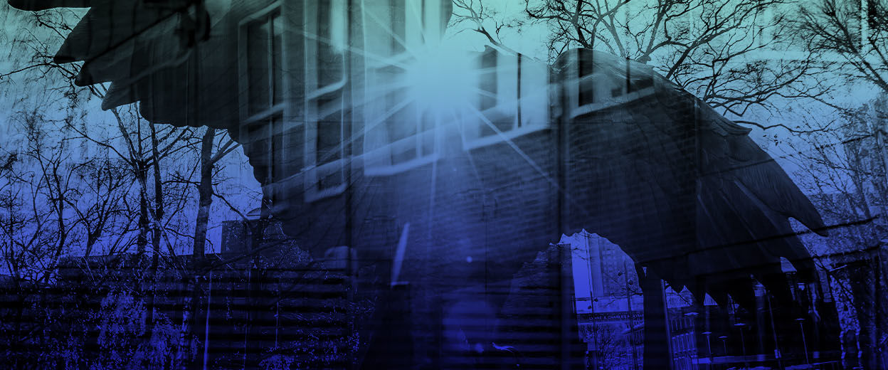 A layered image with a blue filter of Temple's main campus and the owl in O'Connor Plaza