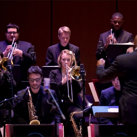 Temple jazz band brass members during a performance 