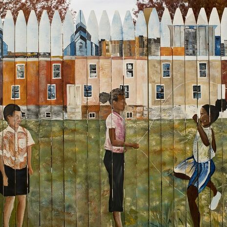 A mural of young people.