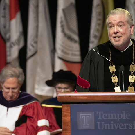 Image of President John Fry speaking at his investiture ceremony.