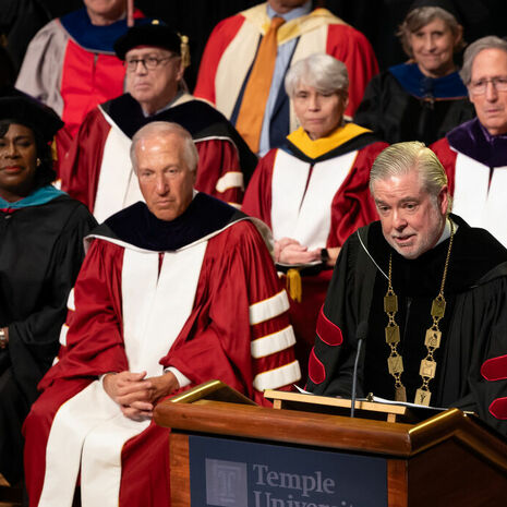 President Fry speaking at podium during Investiture