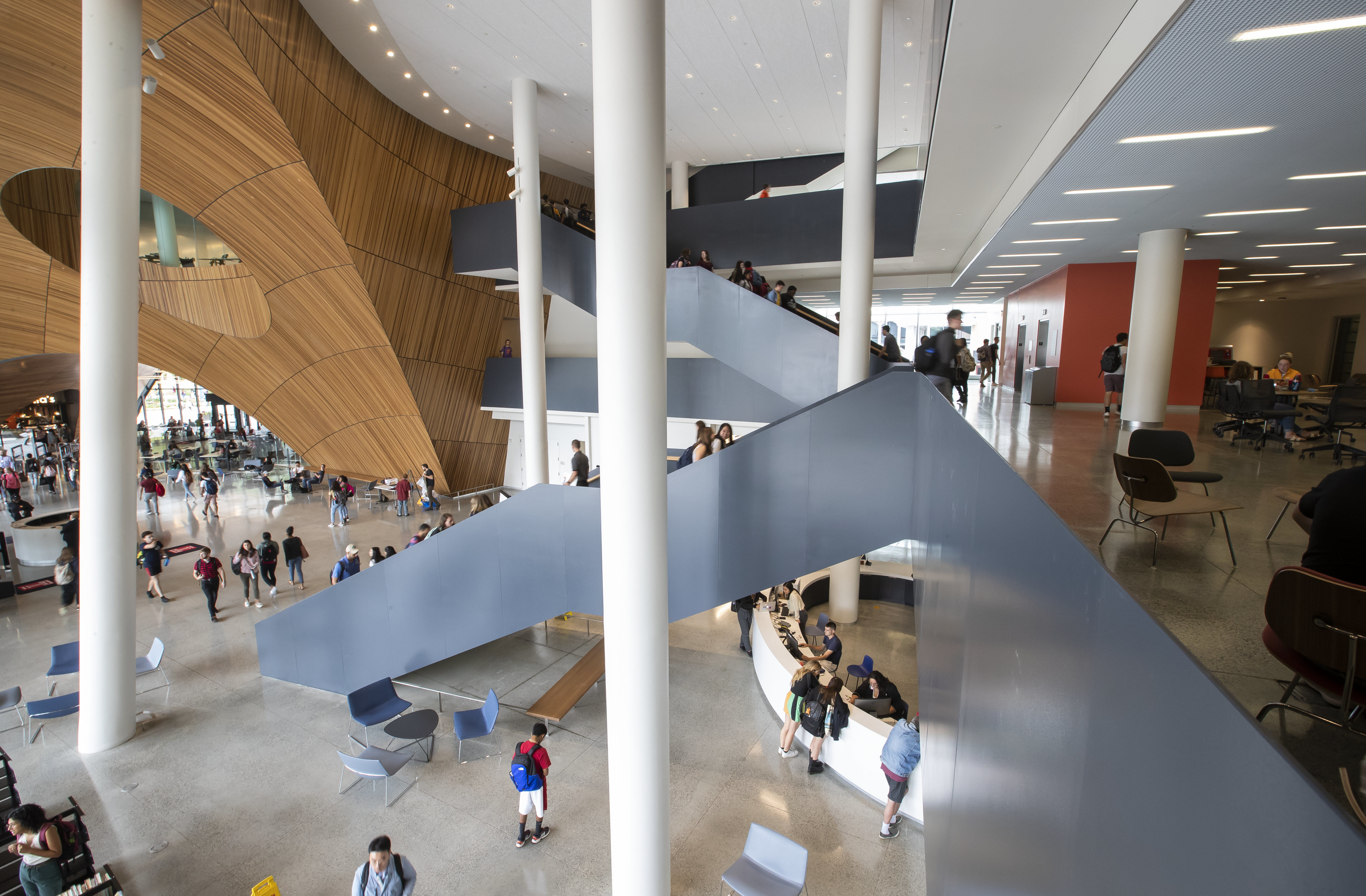 the wood and metal design elements within Charles Library