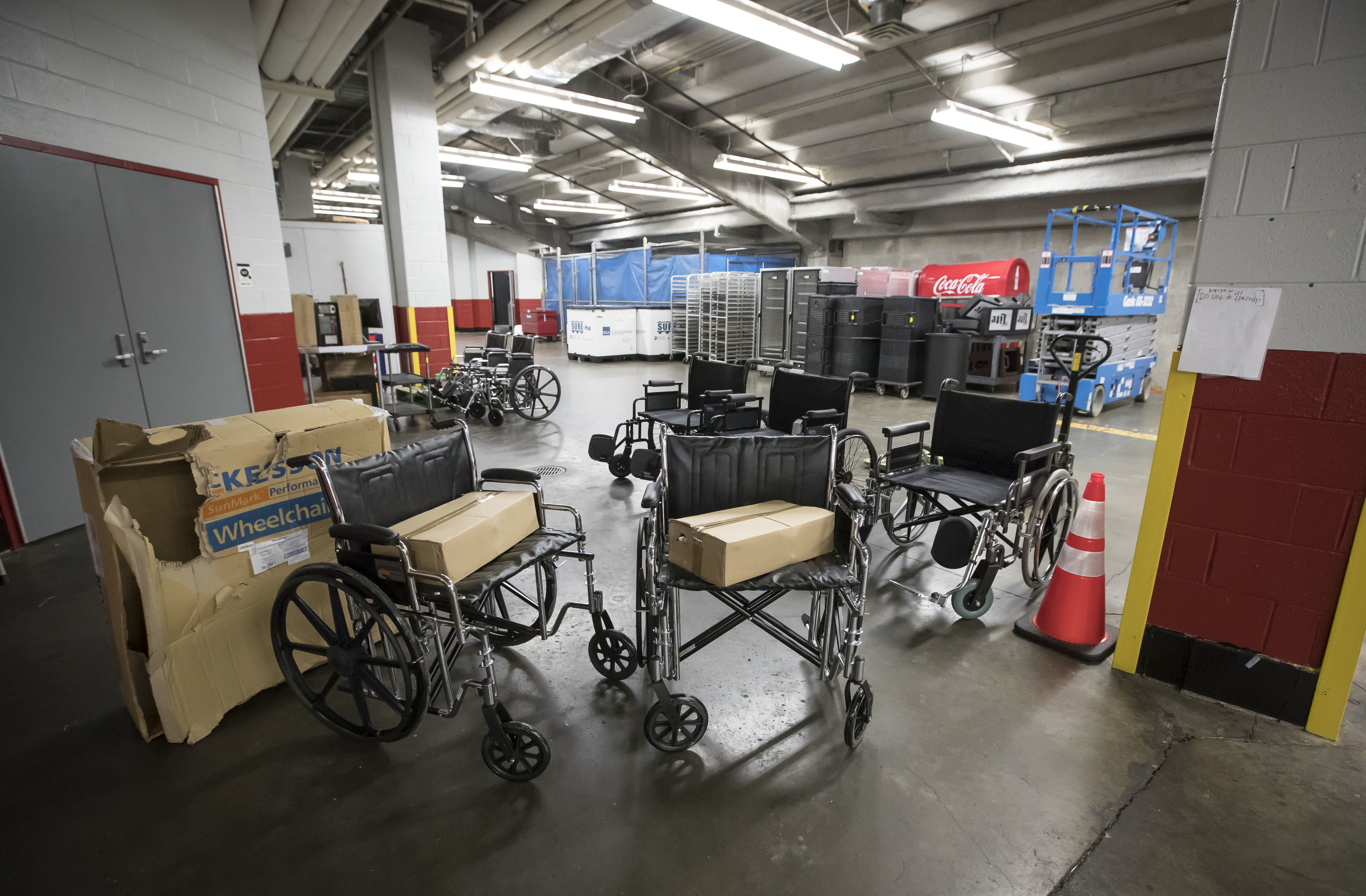 Wheelchairs and boxes of supplies that will be used to help treat patients
