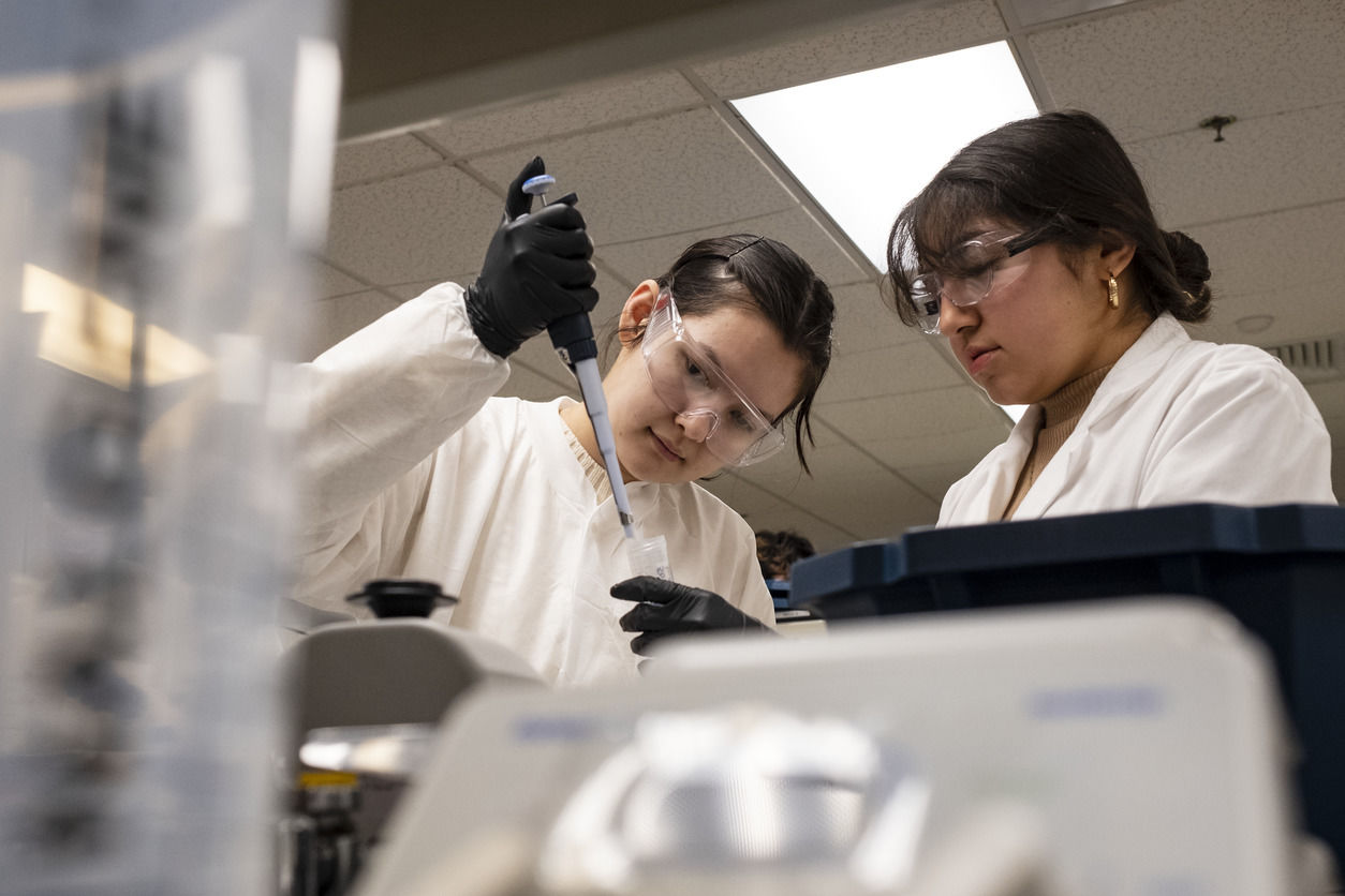 An image of two students conducting an experiment in a chemistry class.