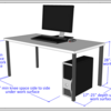 3d rendering of a computer desk with workstation showing clearance dimensions