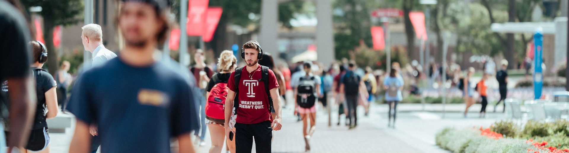 Temple students on Polett Walk on Main Campus.