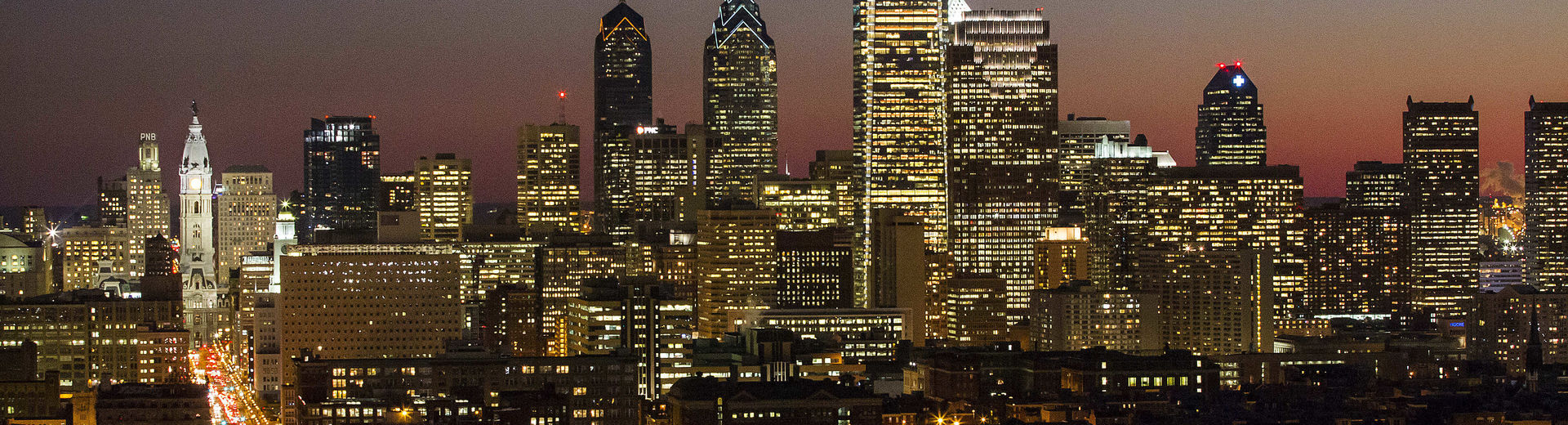 The Philadelphia center city skyline at dusk.