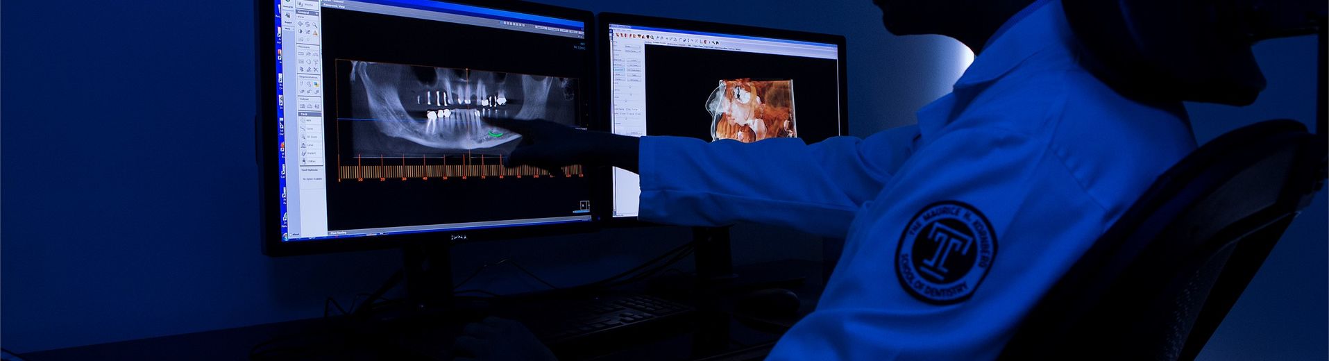 A male dental student looking at dental X-rays on a computer screen.