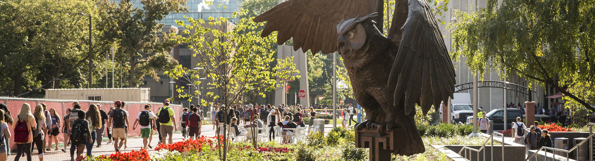 Owl statue in O'Connor Plaza on Main Campus. 