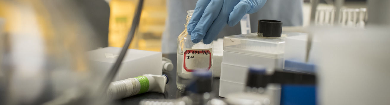 A student wearing gloves works on research in a chemistry lab