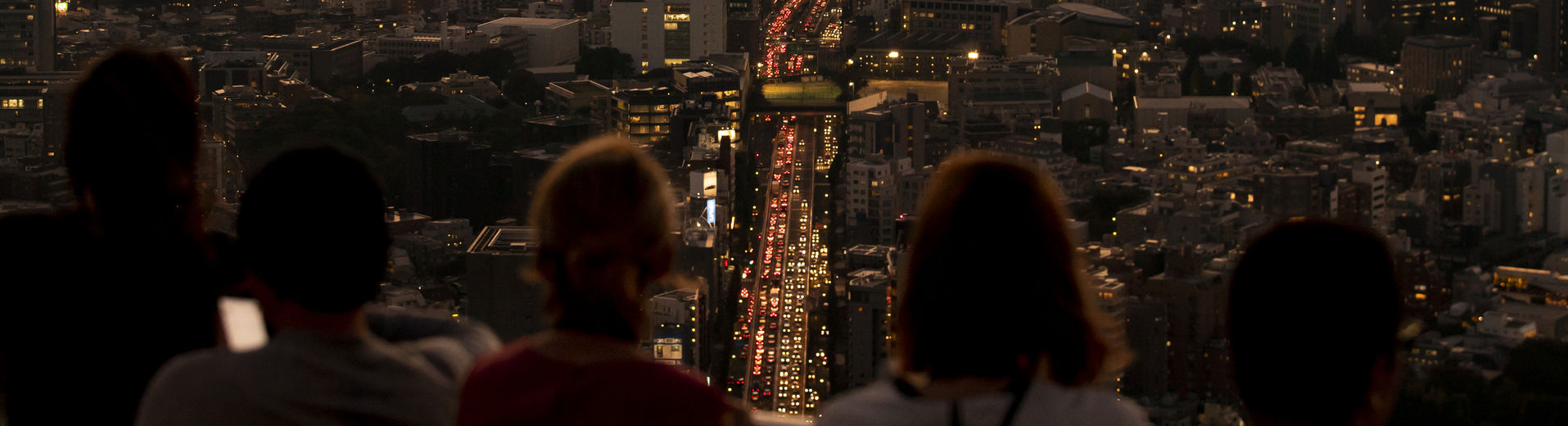 Students look at the Tokyo skyline from above.