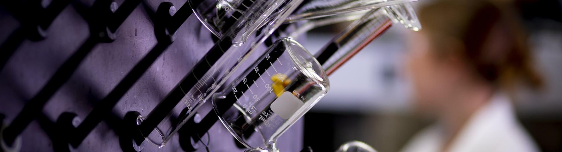 Research student in a lab at Temple in the College of Science and Technology with beakers and test tubes.