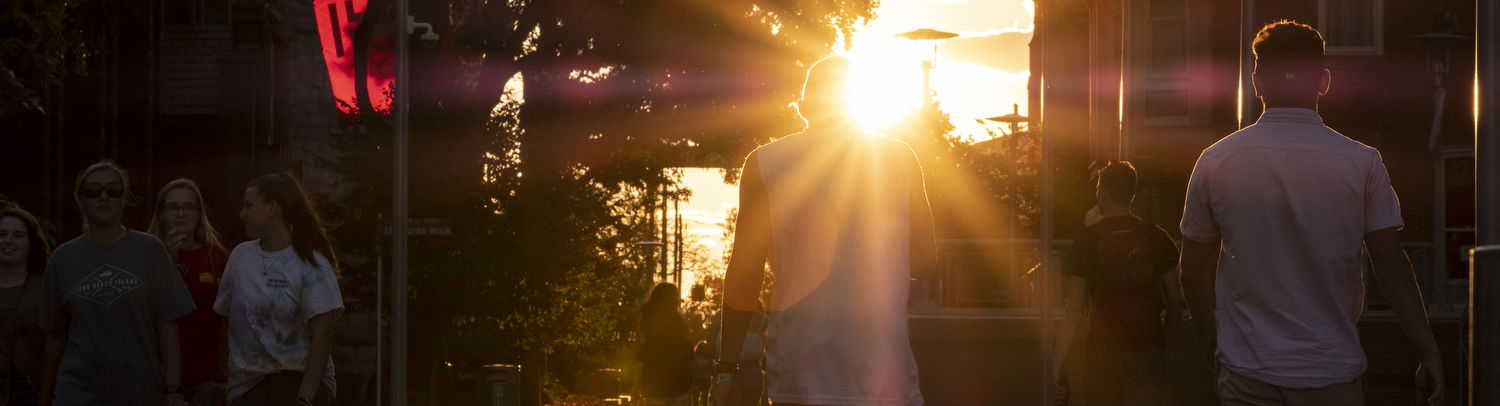 Temple students on Liacouras Walk at sunset.