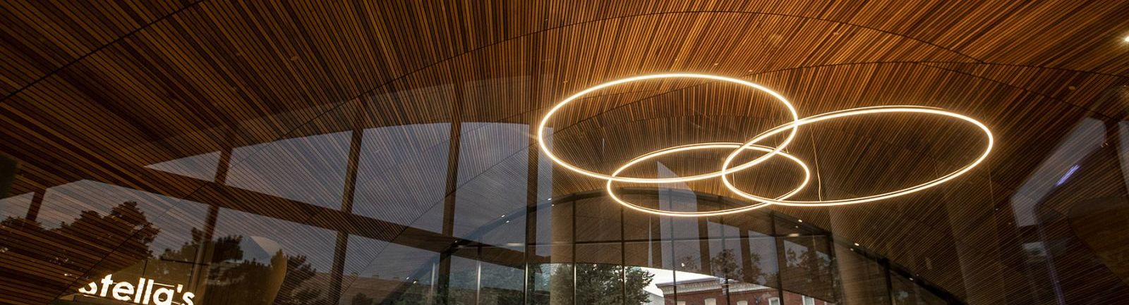 Abstract of the lighting in the lobby of Temple's Charles library.