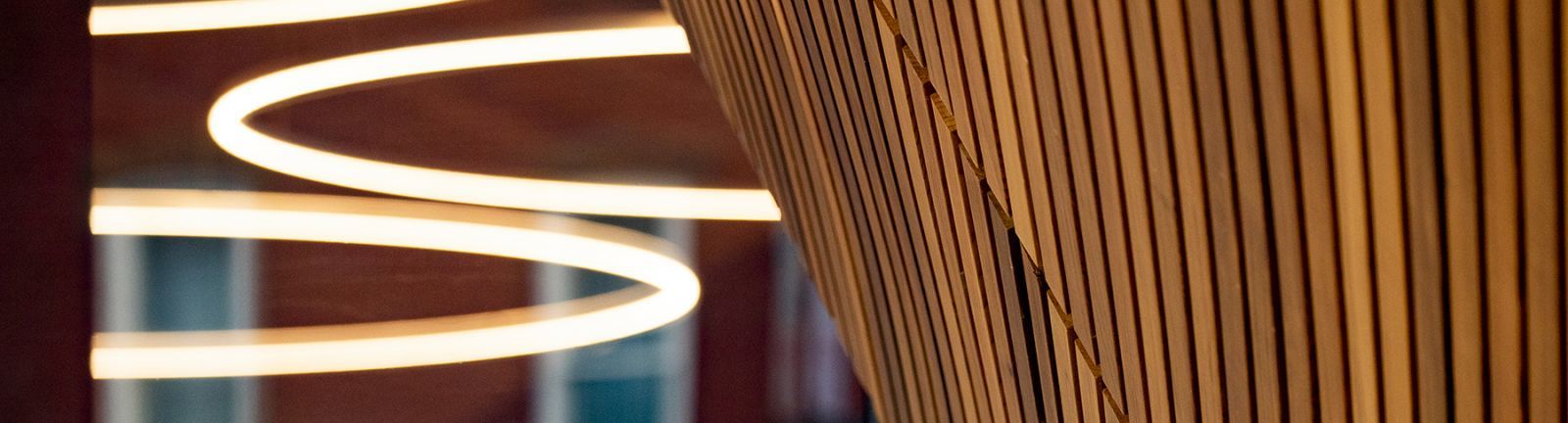 Abstract of lighting and wood elements in Temple's Charles Library.