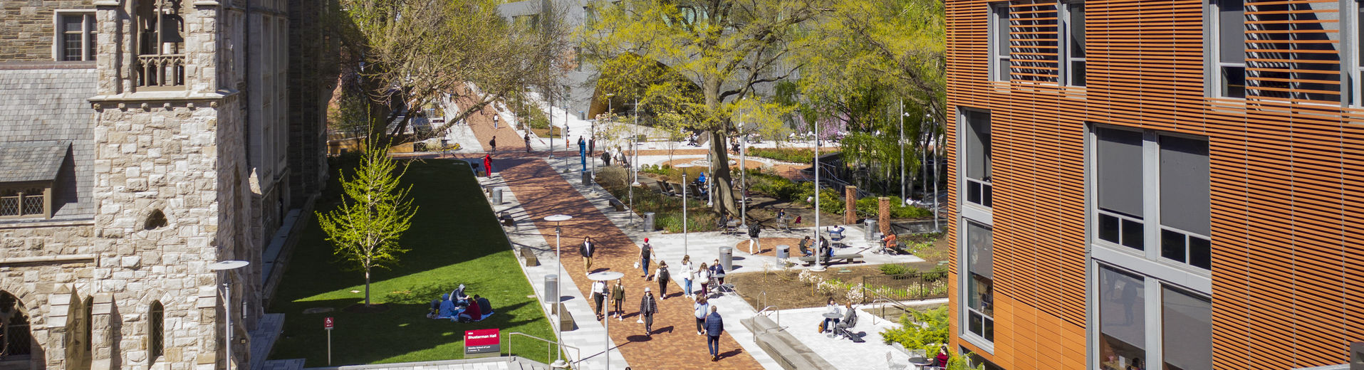 Aerial shot of students walking on Main Campus