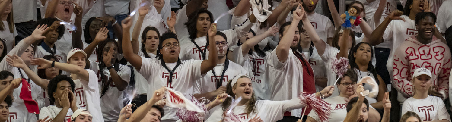 Fans in all white cheering in the stands.