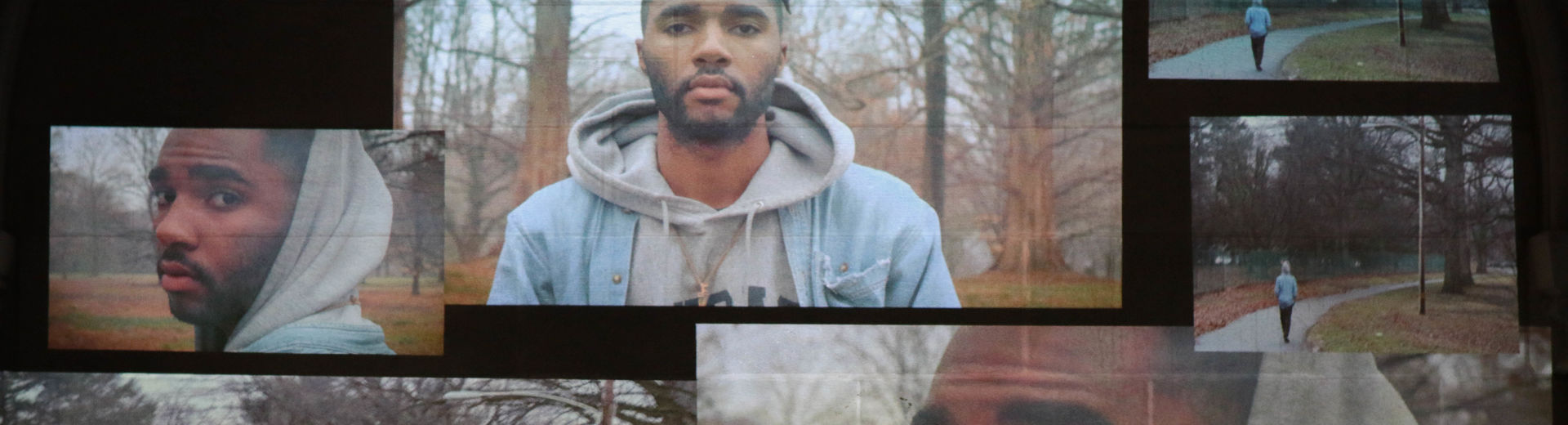 Six different views within one picture of the same man looking into the camera and walking away.