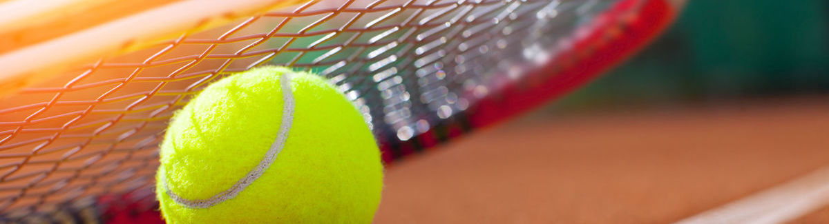 A tennis racquet and ball rest just next to the lines marking a clay court.