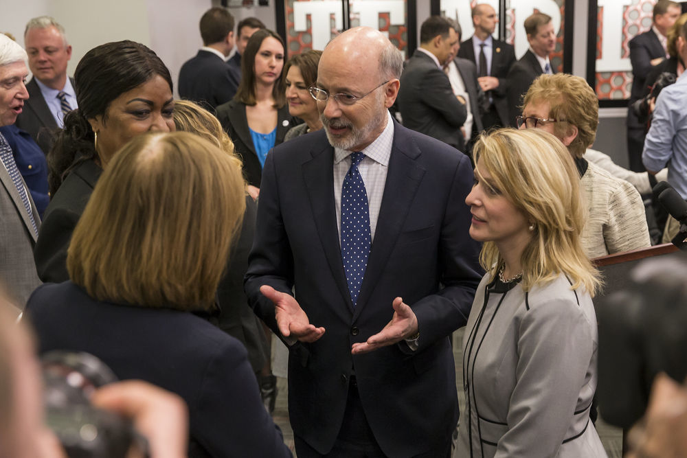 Pennsylvania Governor Tom Wolf greets a crowd at an event on campus.
